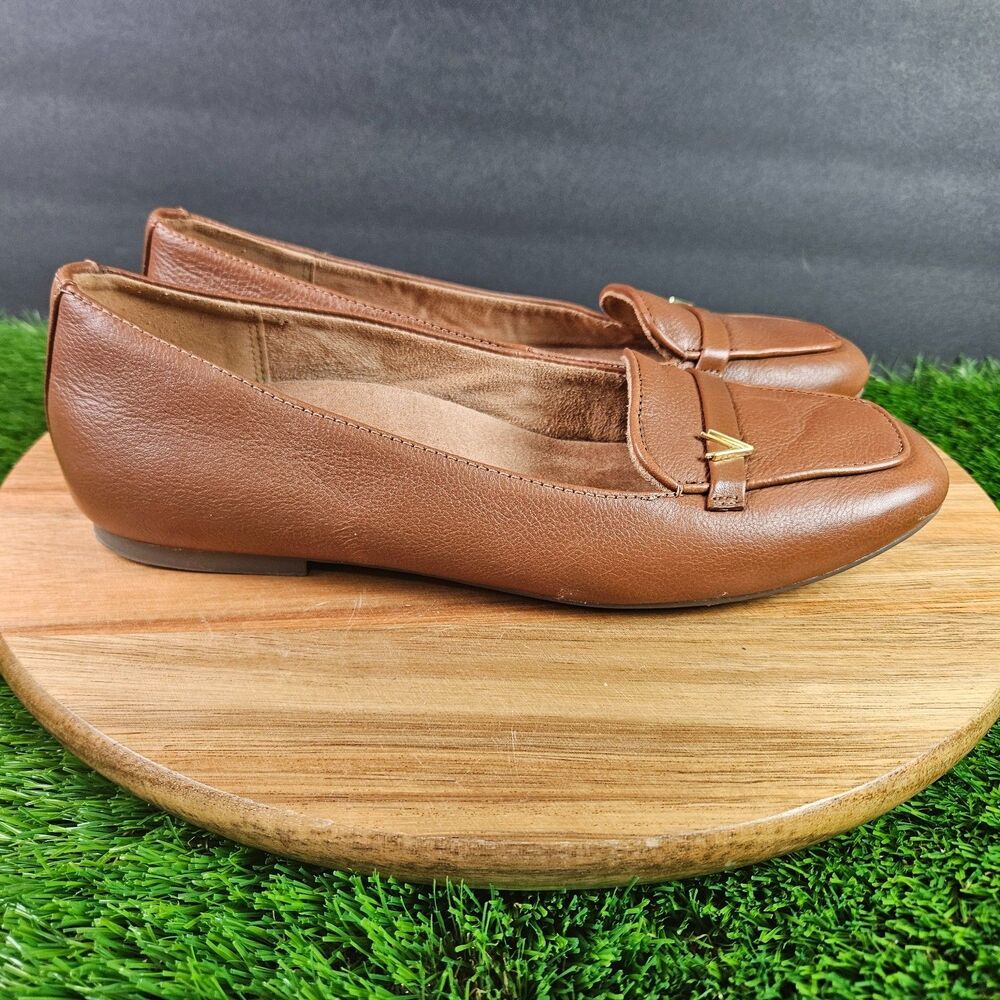 Vionic Hayes Shoes Women's 8 Brown Leather Square Toe Ballet Flats Loafers